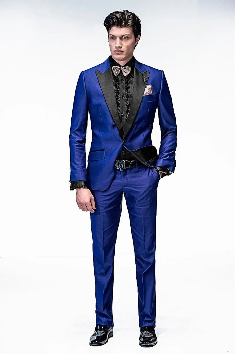 وسيم واحد زر Royal Blue Groom Tuxedos Peak Lapel Groomman Men Wedding Tuxedos Dinner Prom Suits (Jacket+Pants+Tie) G1452