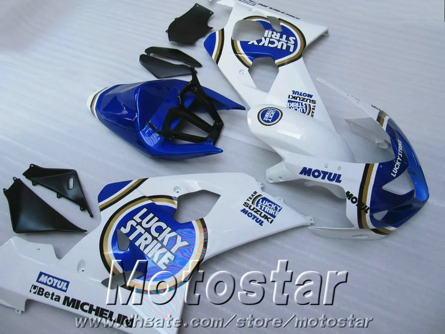 Set carrozzeria di alta qualità carenature SUZUKI GSXR600 GSXR750 04 05 K4 GSX-R600/750 2004 2005 kit carenatura LUCKY STRIKE bianco blu QE36