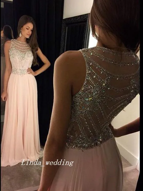 Free Shipping Blush Pink A-Line Princess Scoop Sleeveless Chiffon Crystal Beaded Sweep Brush Train Long Evening Dresses