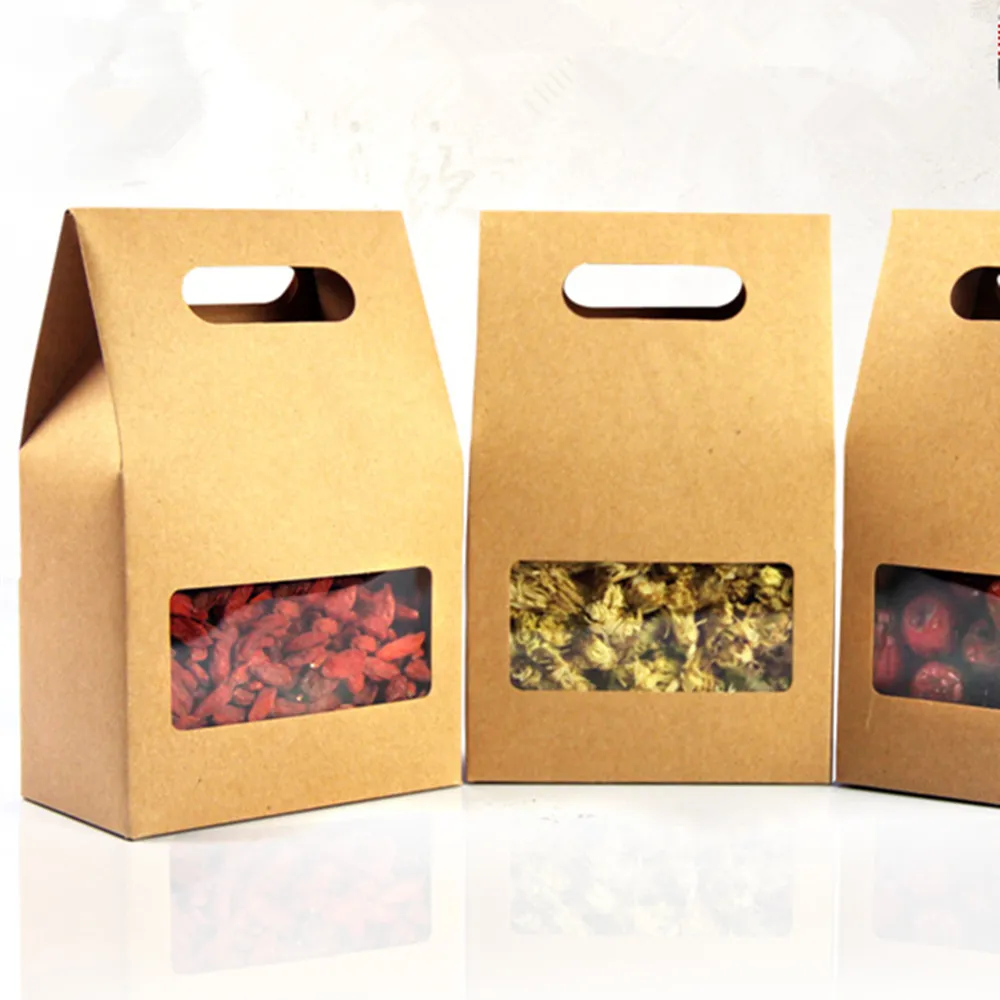 10.5*15+6cm Kraft Paper Tote Bag Gift Packing Box With Handle Clear Square Window Wedding Favor Candy Snack Food Storage Packaging Box