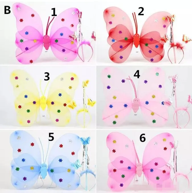 Children Girls Butterfly cosplay props 3pcs sets Wings hairband Fairy stick Kids Holloween Christmas Festivals Costume Ball Angel Party A08