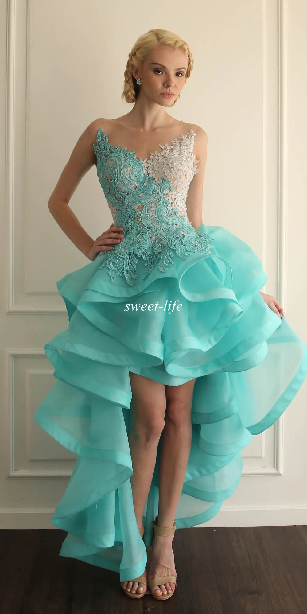 High-Low-Maxikleid, Heimkehrkleider, sexy Mint-Organza-Spitze, rückenfrei, kurze Vorderseite, lange Rückseite, Party-Abschlussballkleid, Cocktail, 280 m