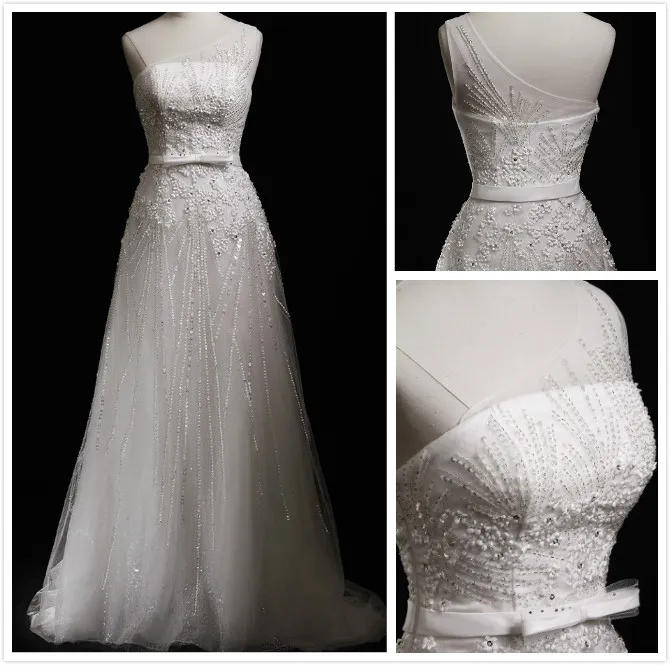 Imagem Real de Luxo Frisado Vestidos de Noiva 2015 Brilhantes Nupcial Do Casamento Vestidos com Lantejoulas de Um Ombro Sheer Desgaste Do Casamento com o Arco MT028