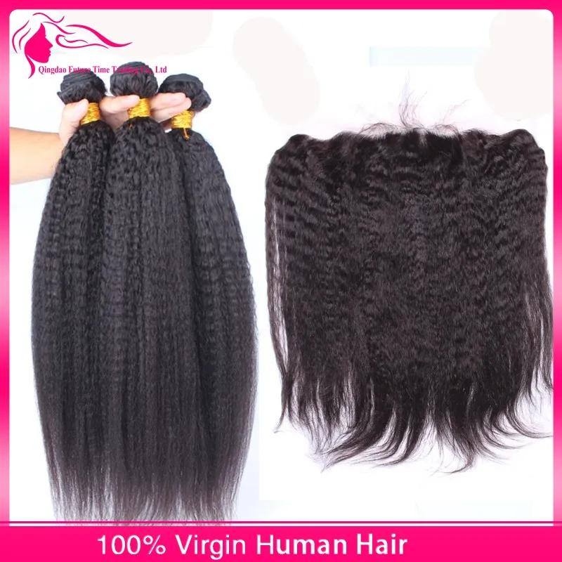 9A Mongol Kinky Straight 13x4 Cierre frontal de encaje con 3 paquetes 4 piezas / lote Italiano grueso Yaki Virgen Cabello humano teje con frontales