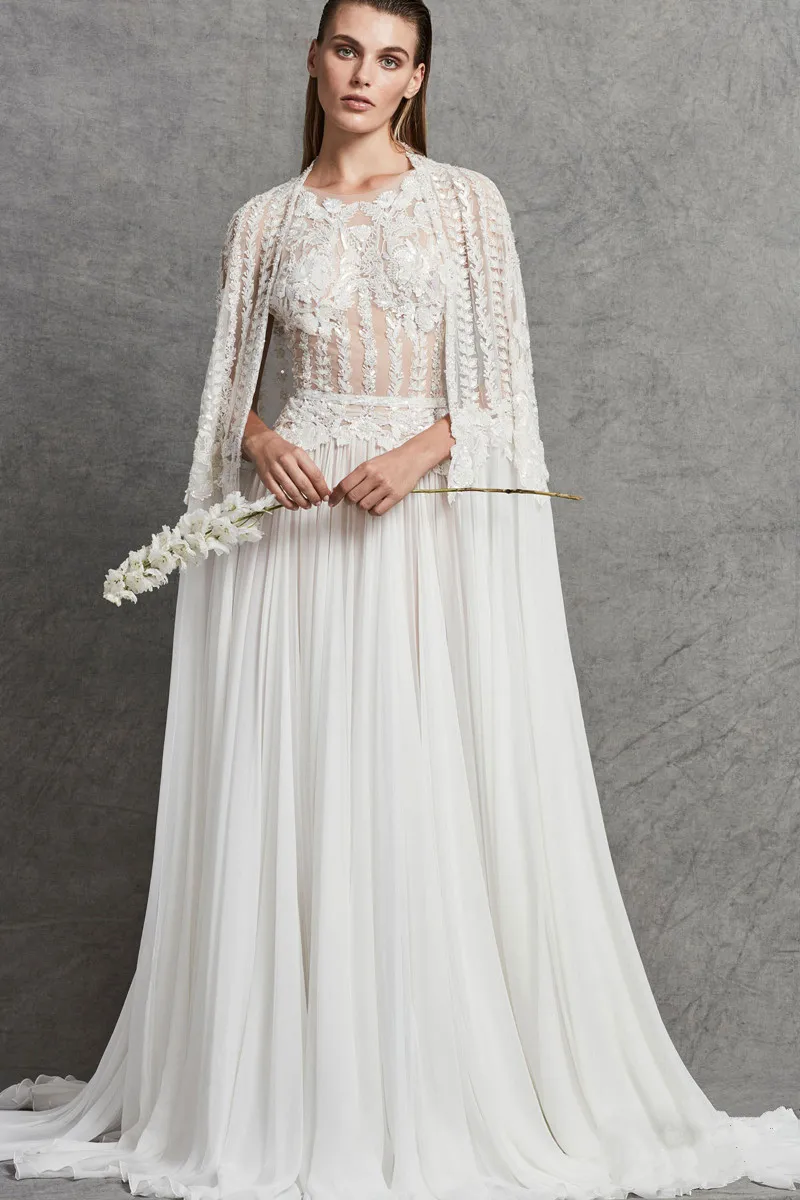 Zuhair Murad Robes De Mariée Avec Cape Sheer Jewel Neck Une Ligne Dentelle Appliqued En Mousseline De Soie Plus La Taille Robes De Mariée Paillettes Robe De Novia