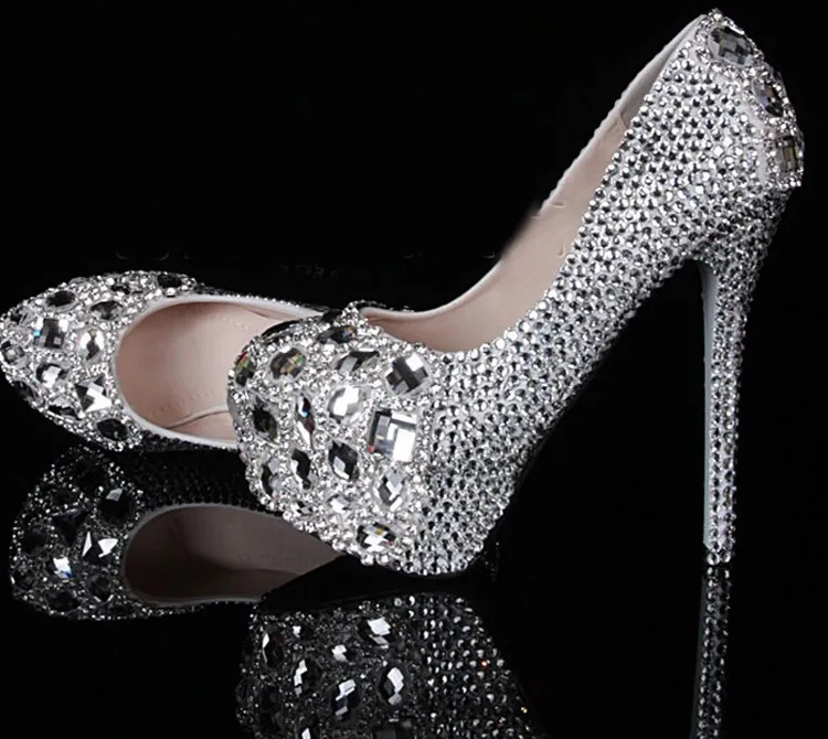 Silver Custom Gör Plus Storlek Högklack Kristaller Och Rhinestones Bröllop Bröllopspumpar Skor Diamond Lady Skor Party Prom High Heels