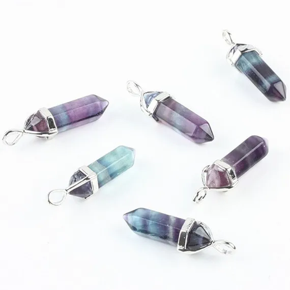 Bulk Rainbow Fluorite Stone Healing Chakra Prism Point Gemstone Pendulum Bead Silvery Pendant Charm Jewelry298i