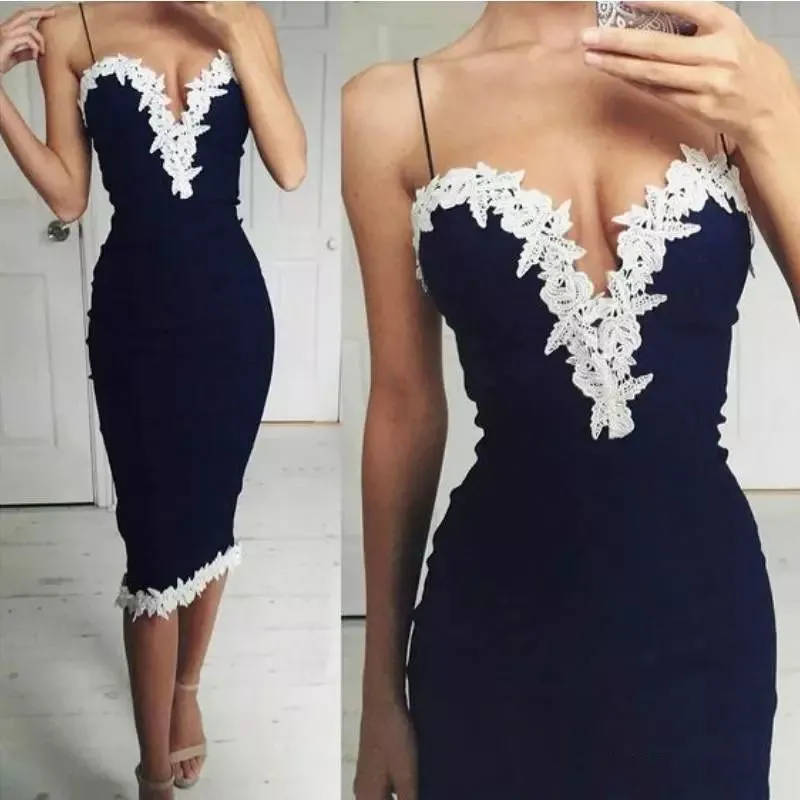 Sheath White Lace Appliques Sexy Cocktail Dresses Knee Length Formal Gowns Spaghetti Straps Going Out Dress