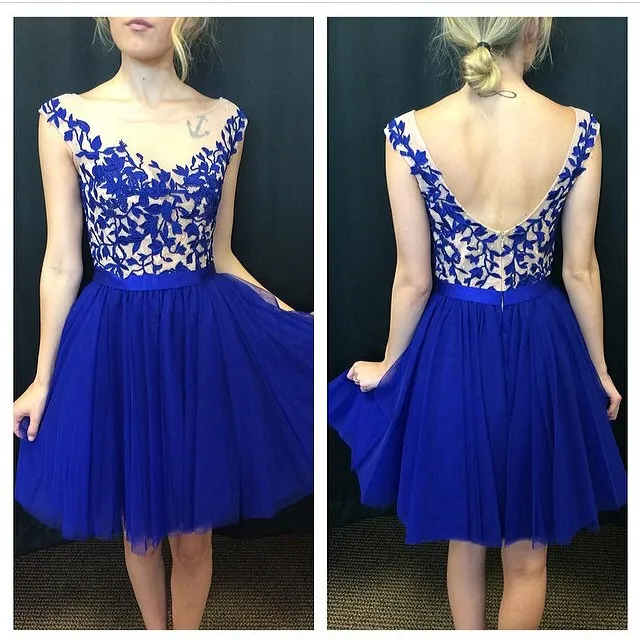 sachin and babi light blue dress Beautiful 2015 Sheer Crew Neck Backless A-Line Tulle/Net Lace Evening Gown  Custom Made Short Prom Homecoming Dress from Dhgate Prom Dresses