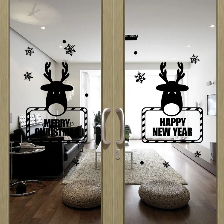 Рождество Снежинки Deer Window Решётки Happy New Year Гостиная Спальня Декоративные наклейки Съемный Белый Черный и красный цвет