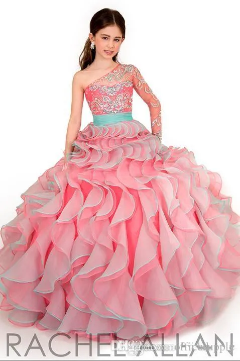 Rachel Allan 2017 Glitz Little Girls Pageant Dresses Ball Gown One Shoulder Crystal Beads Two Color Organza Kids Flower Girls Dress