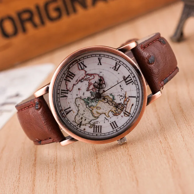 High Quality Vintage Leather Strap Watch World Map Watches Unisex Quartz Clock Cool design Men women Wristwatch