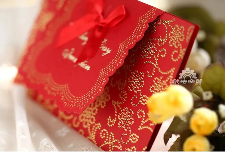 2015 أفضل بائع الزفاف بطاقة دعوة رسمية مع القوس الأحمر العاج شحن مجاني الإبداعية bauquet عشاء بطاقات دعوة جديد وصول