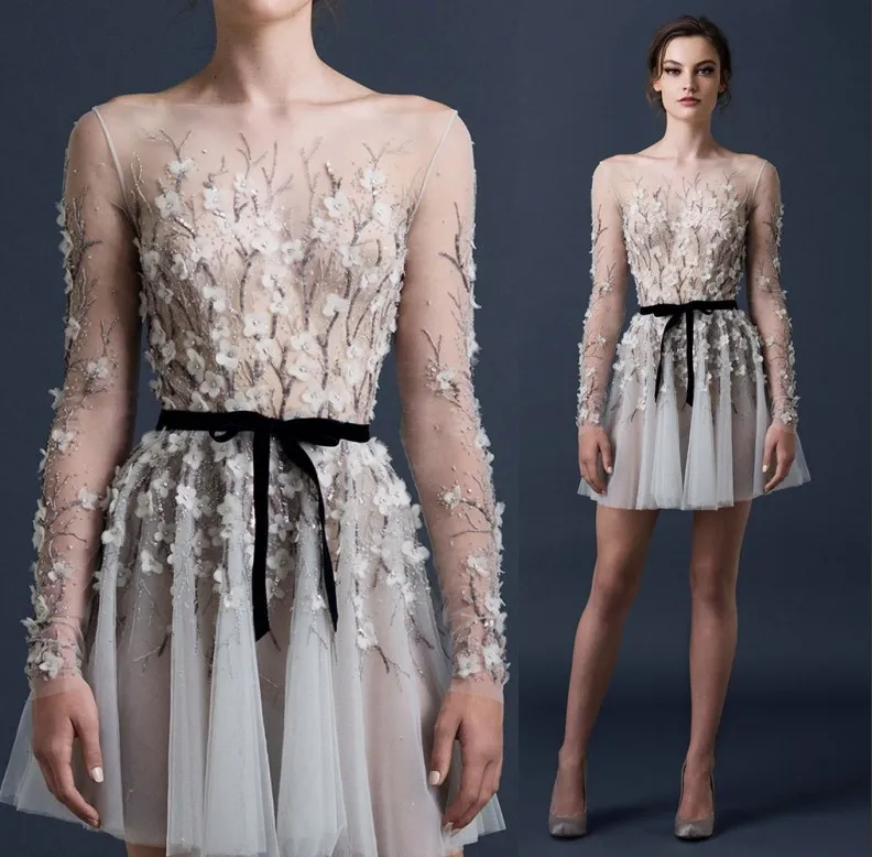 Paolo Sebastian Короткая партия платья Бисероплетение Sequined Аппликации Цветы Ruched Пром платья 2015 с длинным рукавом Sheer Sexy платья вечера партии