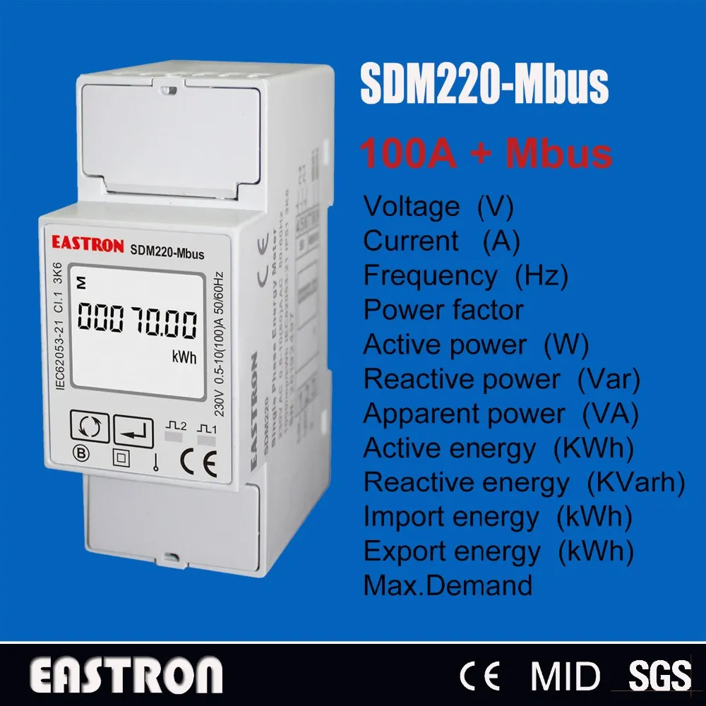 Groothandel-SDM220 MBUS, 0,25 ~ 5 (100) A 220V / 230V 50Hz / 60Hz, eenfase kWh Watt uur Power Energy Meter, met Modbus RTU, CE-goedgekeurd