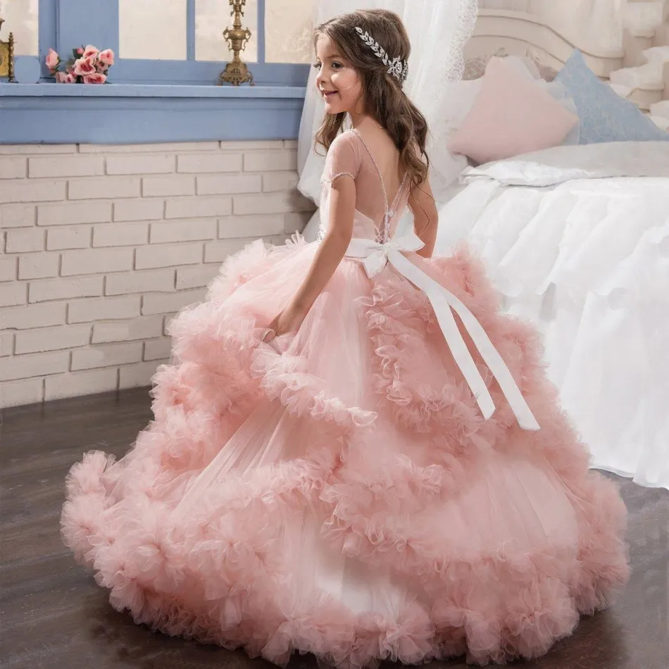 Blush Pink Girls Sukienki konkursy nowe suknie balowe kaskadowe falbany unikalne projektant dziecięcych blichatki sukienki dla dziewcząt na wesele