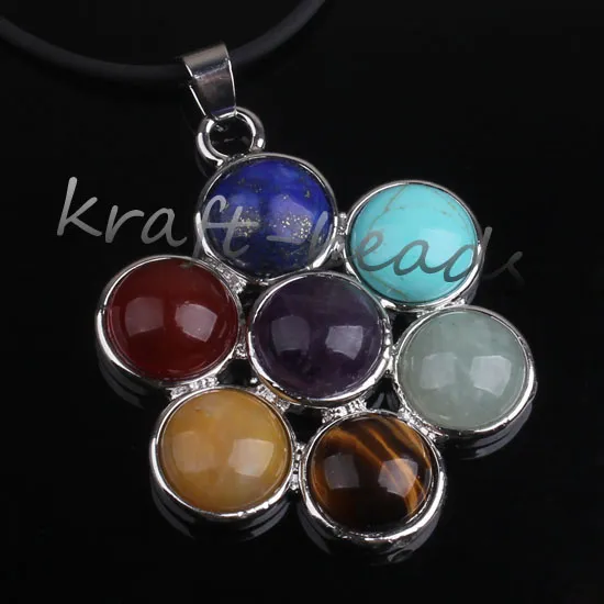 Wholesale Charm Silver Plated Mix 7 Stone Beads Chakra Healing Point Stone Pendant Jewelry Fit Necklace