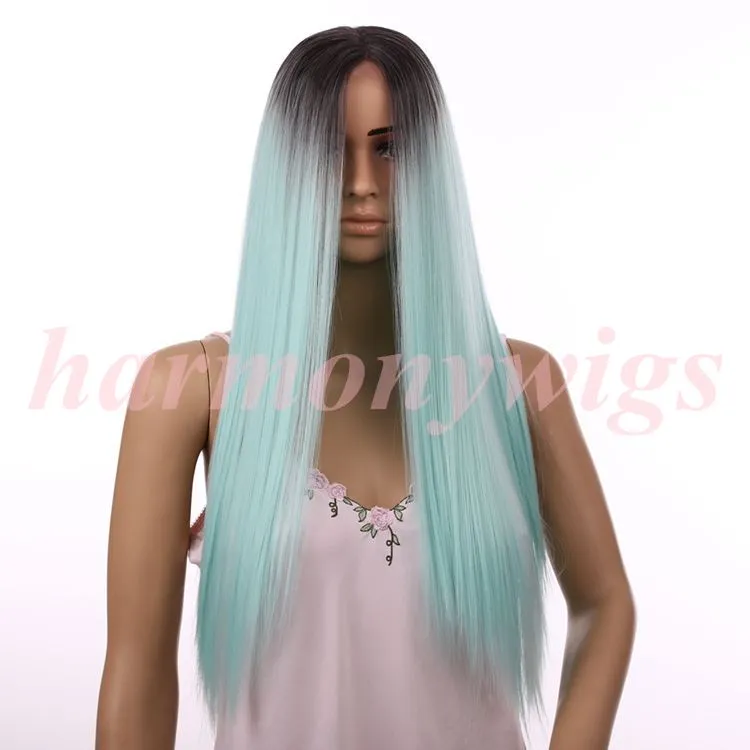 Mode Lace Front Wigs 20inch Ombre Färg Choklad Svart Mint Grön Syntetisk Värmebeständig Hår Lace Paryker Extenisons