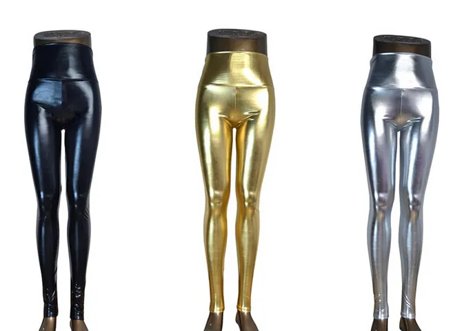 Plus storlek hög midja glänsande våt flytande utseende pu faux läder metalliska stretch leggings byxor xs / s / m / l / xl