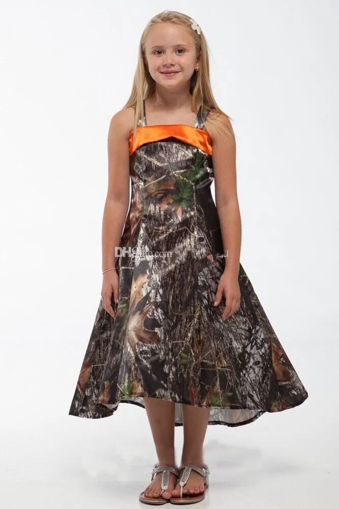 Spaghetti Strap A-Line Camo Flower Girls Robes Tea-Length Toddler Pageant Party Robes 2015 Mode Personnalisé Printemps Été Enfants Chi249r