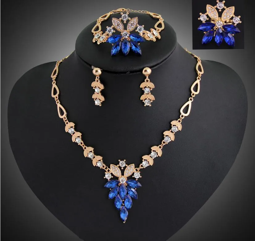 Ensemble de bijoux en or 18 carats rempli de cristal autrichien pour femmes, collier, Bracelet, boucle d'oreille, bague