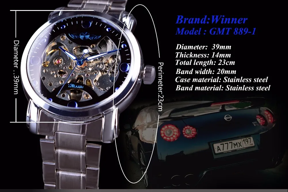 Zwycięzca Blue Ocean Fashion Casual Designer Stali Stal Men Szkielet zegarek męskie zegarki Top Marka Luksusowy mechaniczny wiatr WA261P