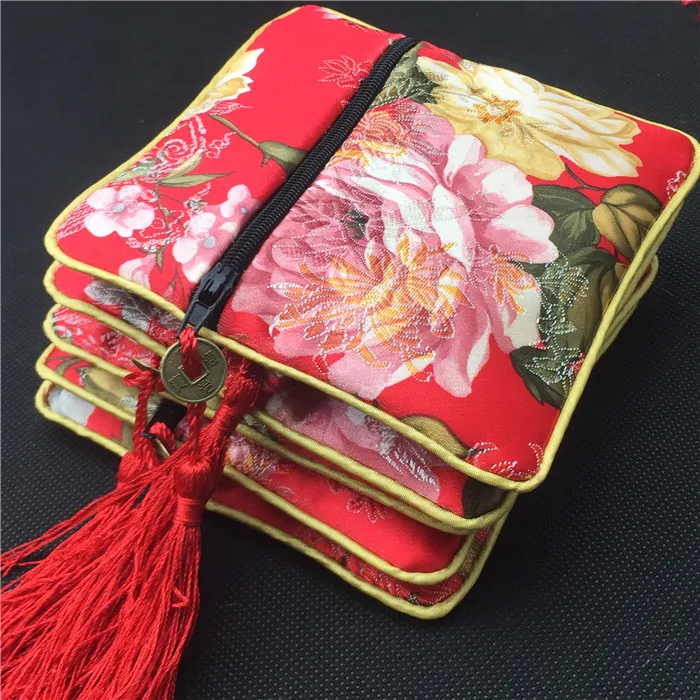 Bronzing Flower Small Silk Brocade Bag Zipper Gift Packaging Tassel China Coin Purses Jewelry Bracelet Bangle Storage Pouch Wedding Favors