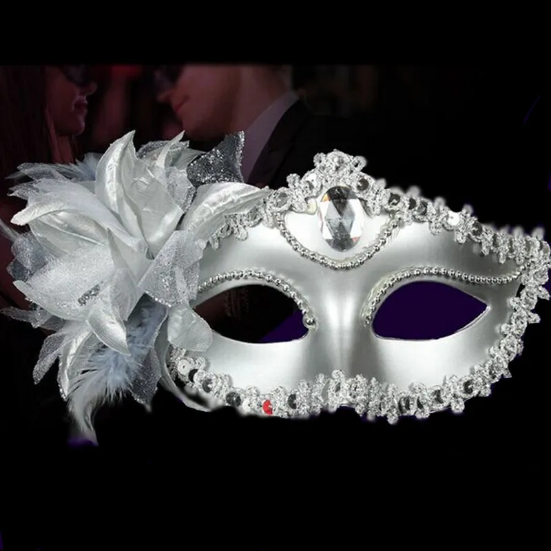 Luxury Party Masks Sexy eyeline Gemstone Venetian Masquerade Mask Feather Flower Aside Sequin Lace Prom Mask black white gold silver