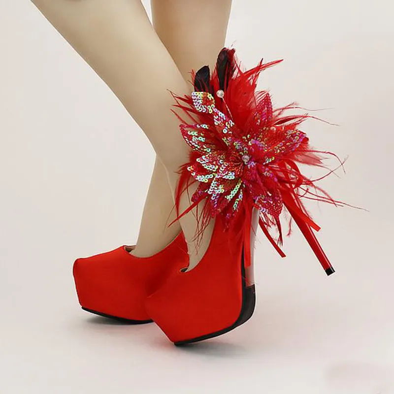 Plataformas de tacón de aguja, zapatos de novia de satén rojo, flor brillante, plumas, punta redonda, zapatos de vestir de boda, zapatos de tacón para mujer, tamaño real