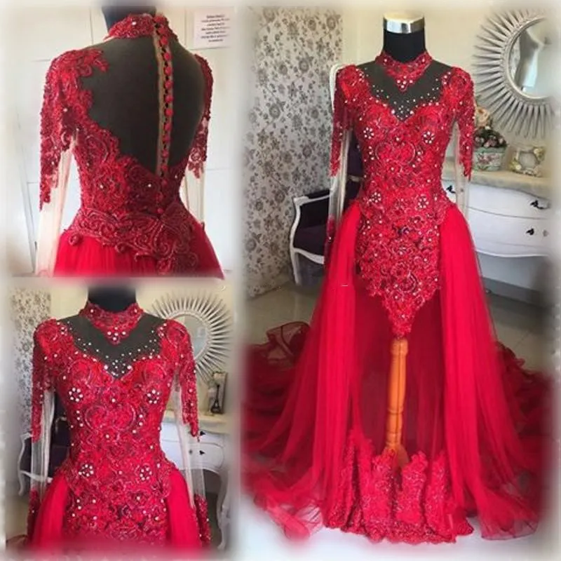 Gorgeous Red High Neck Prom Dresses South African Lace Appliques Sheer Long Sleeves Aftonklänningar Tulle Overkirts Se igenom Party Dress