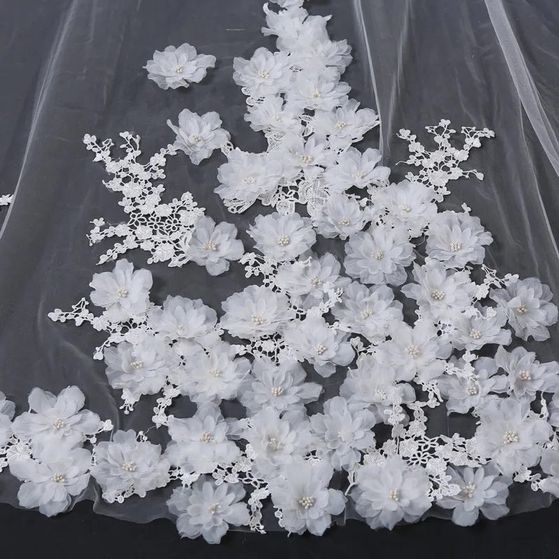 2019 katedral slöja för bröllopsklänning brudklänning 3d blommor mjuk tulle skära kant vit elfenben tulle ett lager med kam 3 meter