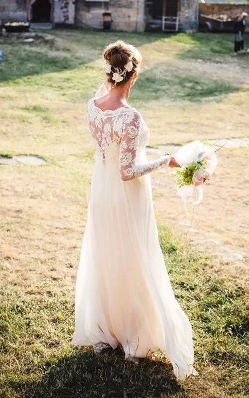 purple long sleeve cocktail dress Elegant Midi Length Long Lantern Sleeves Chiffon Wedding Guest Dresses