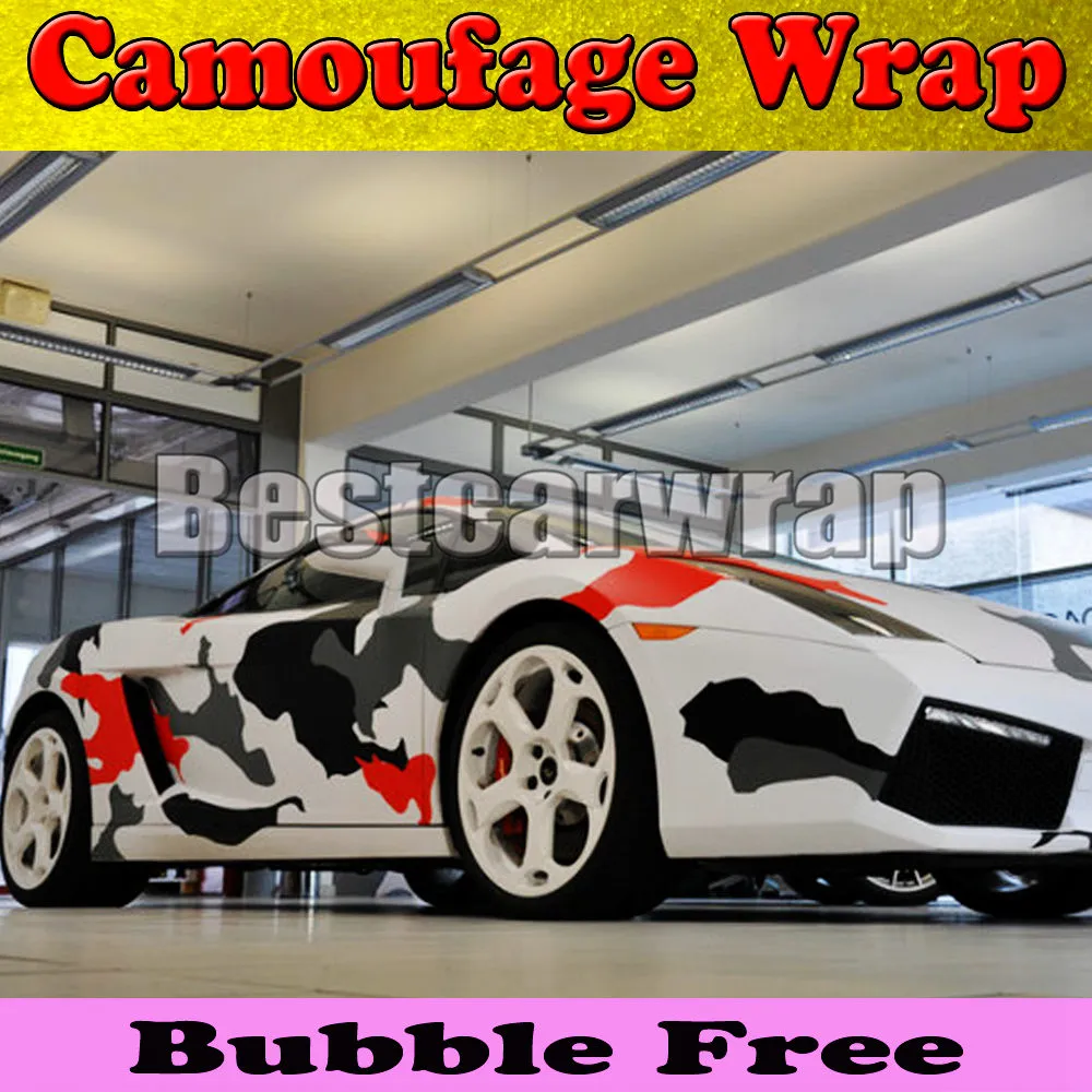 Red white Black arctic Camo Vinyl Car Wrap Film With Air Rlease Gloss / Matt Snow Camouflage Pixel Car Sticker 1.52x30m/Roll(5x100ft)