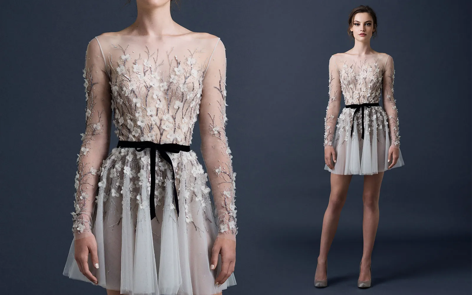 Paolo Sebastian Abiti da festa corti Perline Applicazioni di paillettes Fiori Abiti da ballo con volant 2015 Abiti sexy trasparenti a maniche lunghe Party Evening