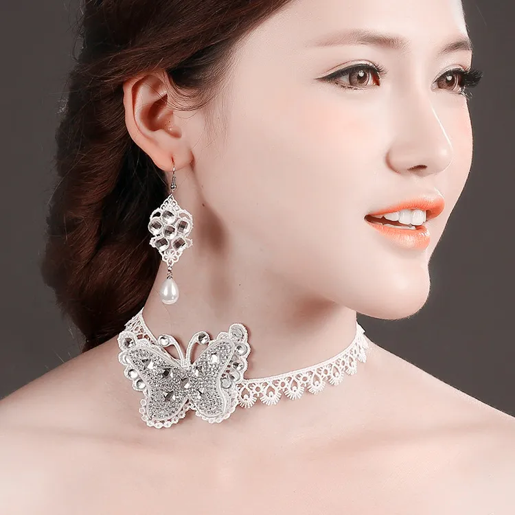 Crystal Butterfly Koronki Choker Naszyjnik Zestaw Kolczyki Bride Wedding Jewelry Set Pearl Eardrop Koronki Naszyjniki Zestaw Dla Kobiet Wieczór Party