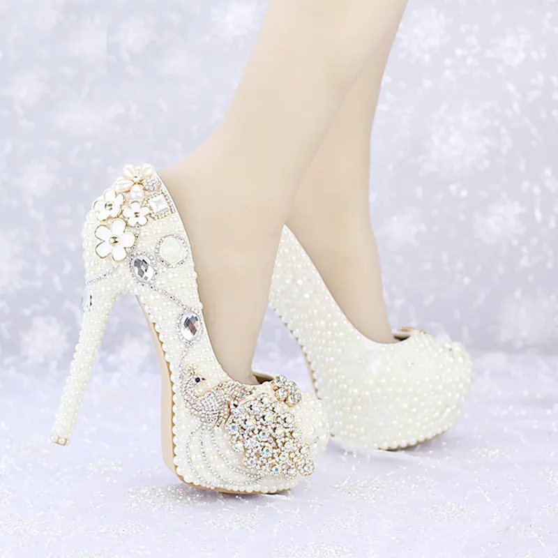 Custom Made New Ivory Pearl Wedding Shoes Round Toe Platforms Phoenix Rhinestone Bridal Dress Shoes Banquet Prom Pumps