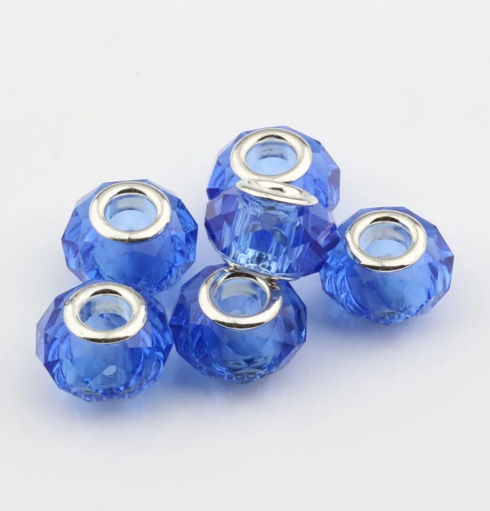 Hotl ! Blue Faceted Crystal Glass Big Hole Beads Fit Charm Bracelets DIY Jewelry