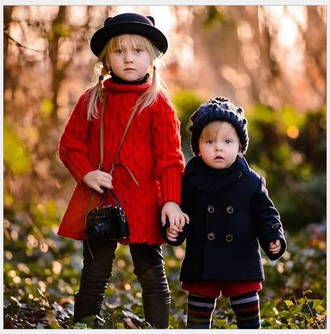 Mode pojkar flickor ullrockar 2016 våren barn dubbelbröst vändande krage outwear barn kläd baby pojke flicka tjockt 2099633
