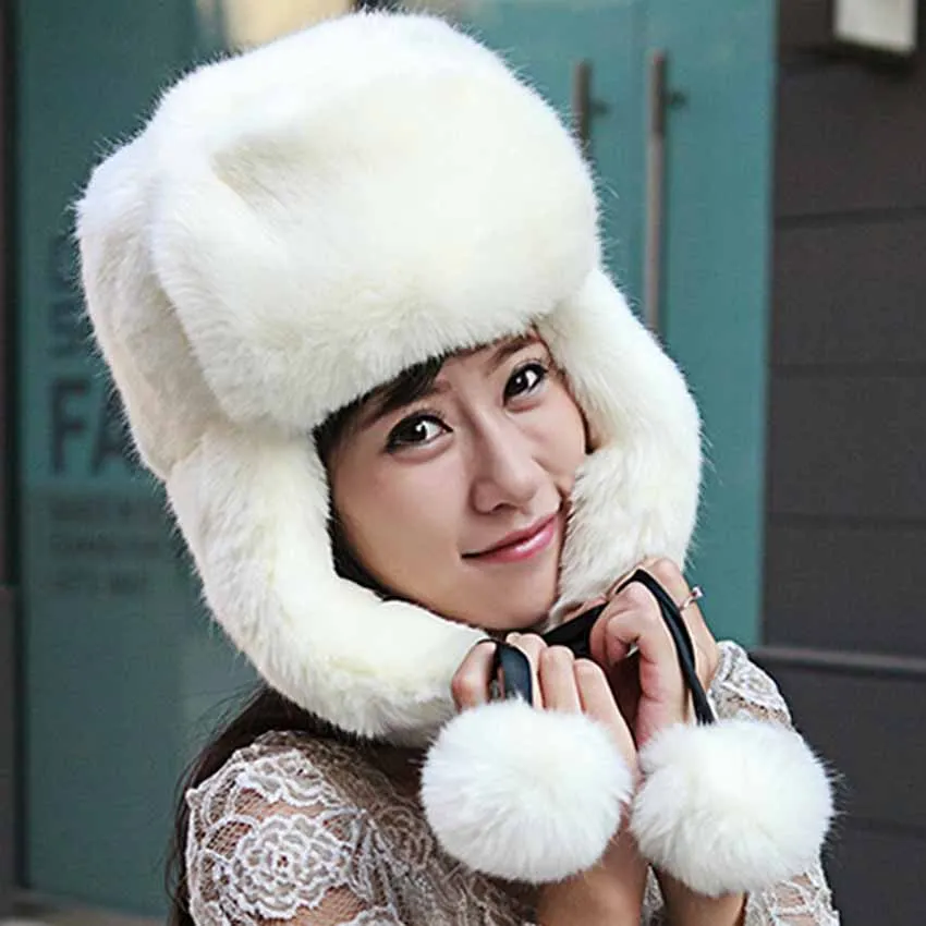 Wholesale-2015 Womens Winter Warm Faux Fur Bomber Hats Ushanka Russian Style Cossack Trapper Hat Ski Cap