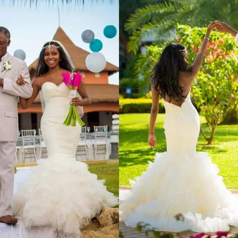 African 2018 Sweetheart Backless Satin Mermaid Wedding Dresses With Ruffle Tiered Long Bridal Gowns Custom Made From China EN12095