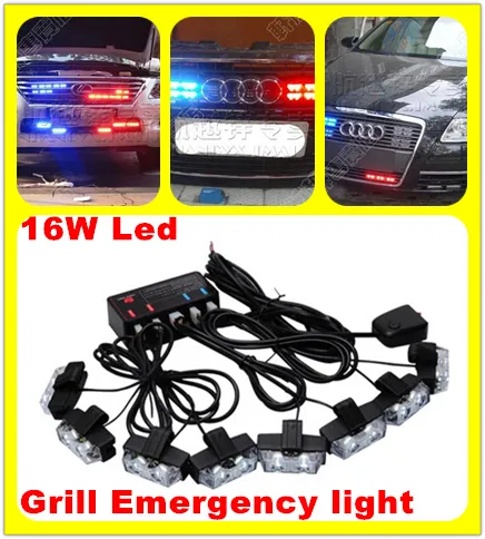 16W (8heads) Bright LED Police Brandman Ambualnce Car Grill Varningsljus, Nödljus, Drl, Strobe Flash Light, Vattentät