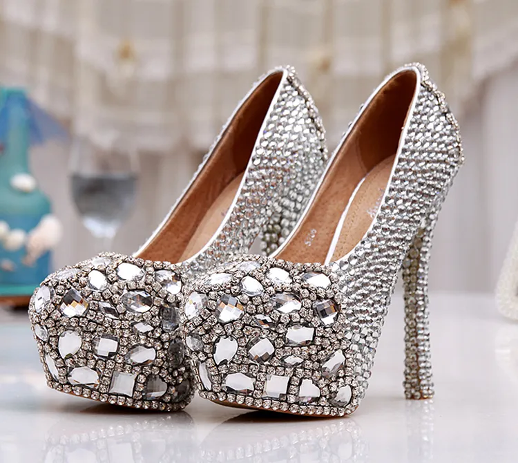 Silver Custom Make Plus Size High Heel Crystals and Dhinestones Pompy ślubne Bridal Buty Diament Lady Buty Party Prom High Heels