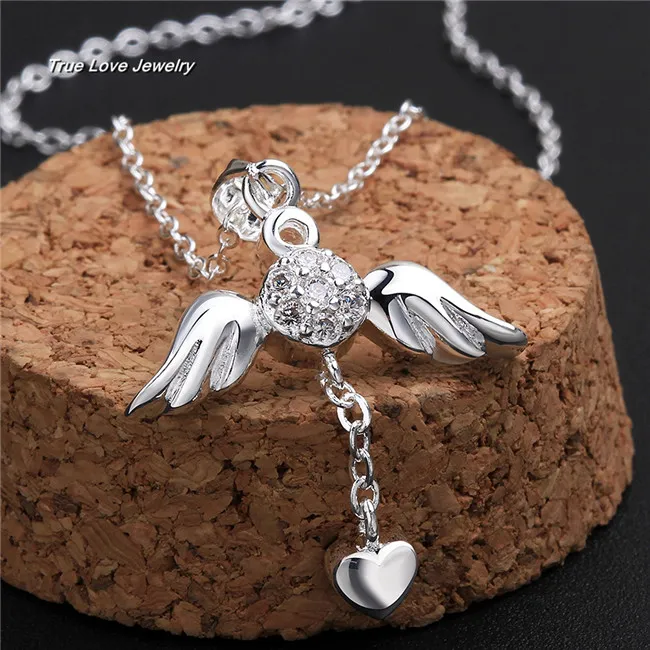 N674 nuova bella design 925 sterling silver angelo ali cuore collana pendente con zircone moda gioielli regali di nozze spedizione gratuita