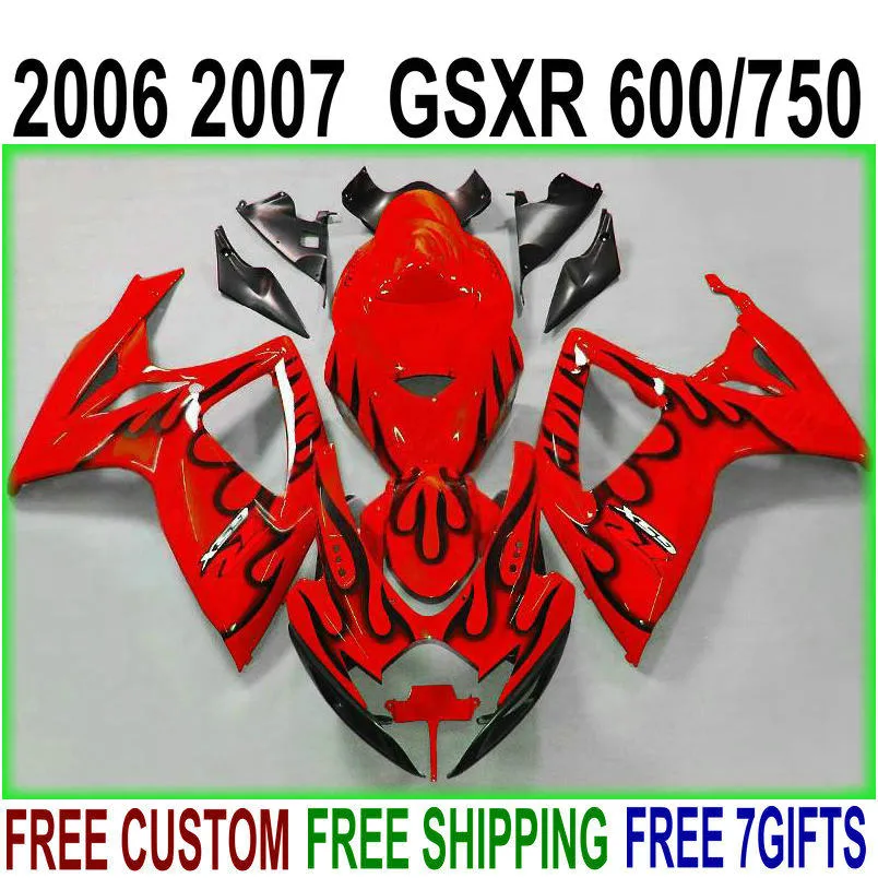 New Fairing kit for SUZUKI GSX-R600/750 06 07 fairings K6 GSXR 600 750 2006 2007 black flames in red motobike set NS75