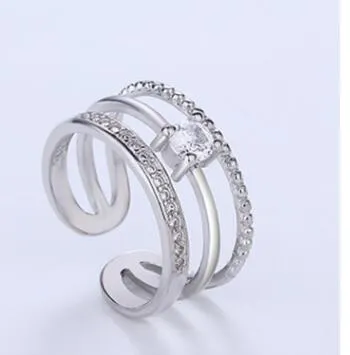 The new three layer opening Diamond Silver Ring female trendsetter adjustable size multilayer ring