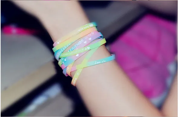 crazy selling Silicone bracelet, luminous SPORTS BRACELET,Fluorescent color Wristband, female multi color bracelet, DHL 
