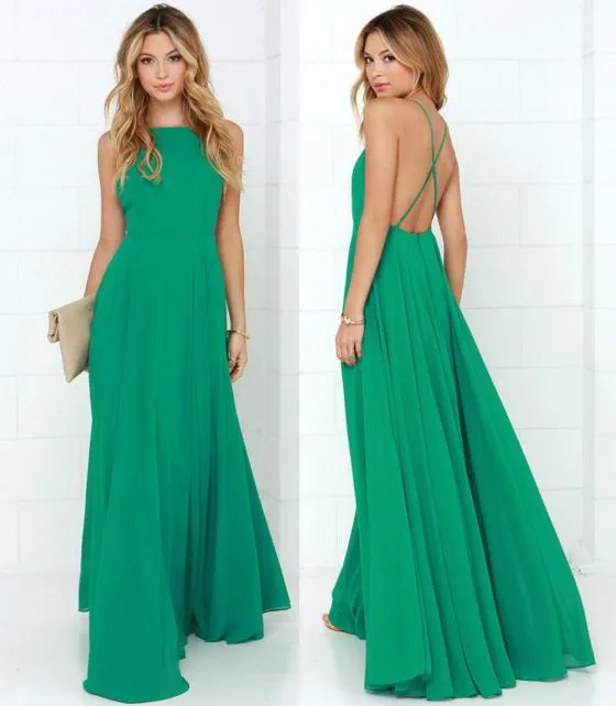 Green Chiffon Backless Bridesmaid Dresses Under 100 High Neck Wedding Party Dresses Prom Gowns Floor Length Perfect Maid of Honor Dress 2015