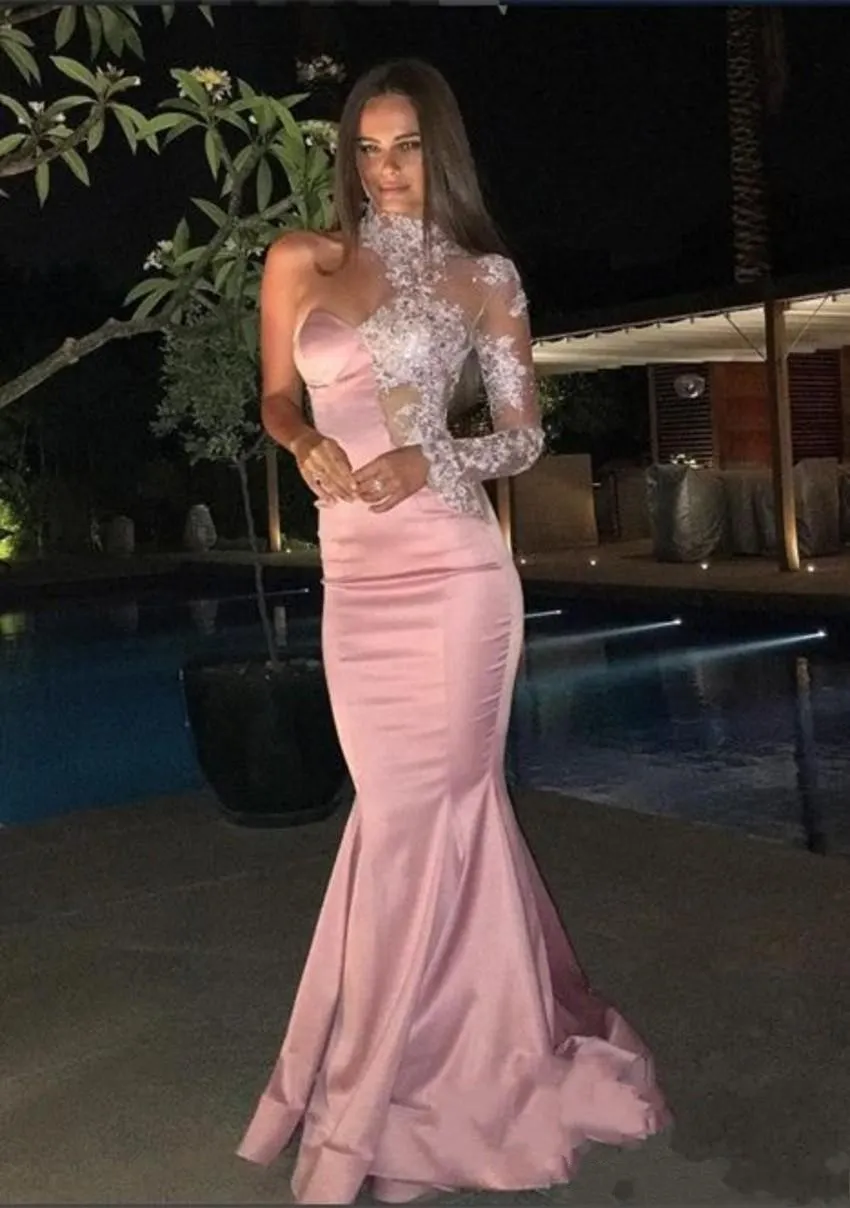 Um ombro vestidos de noite usar novo sexy árabe alta pescoço ilusão rendas apliques frisado rosa longo sereia formal vestido de festa vestidos de baile