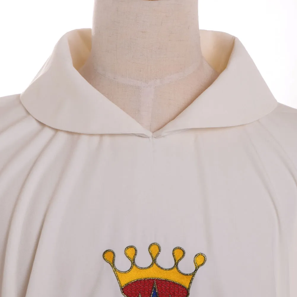 목사 Chasuble 사제 테마 의상 의상 성직자 흰색 왕관 패턴 자수 가톨릭 교회 복원