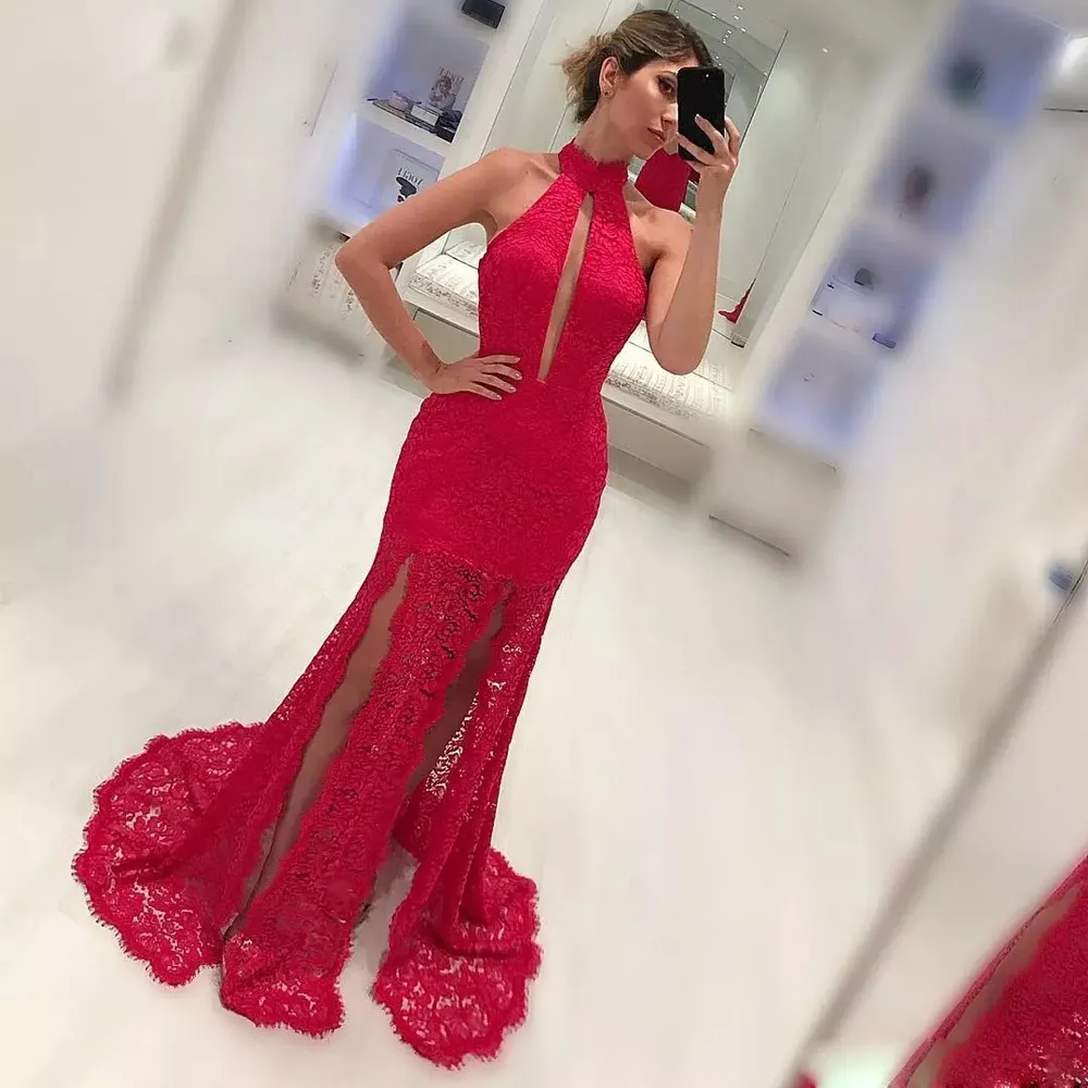 Red High Neck Mermaid Lace Prom Dresses Double Slits Sexy Trumpet Evening Gowns Vestidos De Fiesta Sweep Train Women's Special Occasion Gown